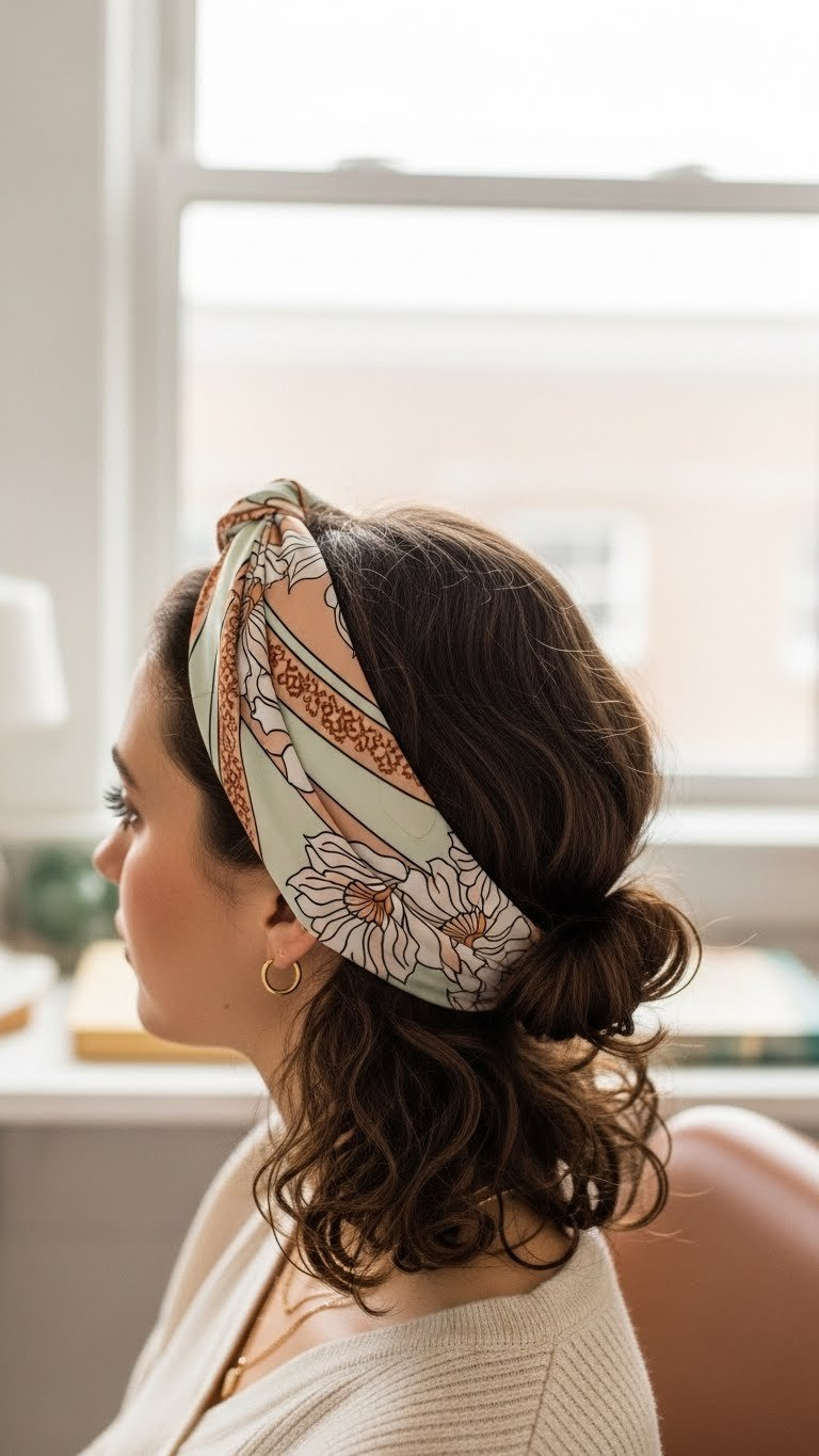 Stylish headband accessory hairstyle with curly brown hair covering oily roots in home office