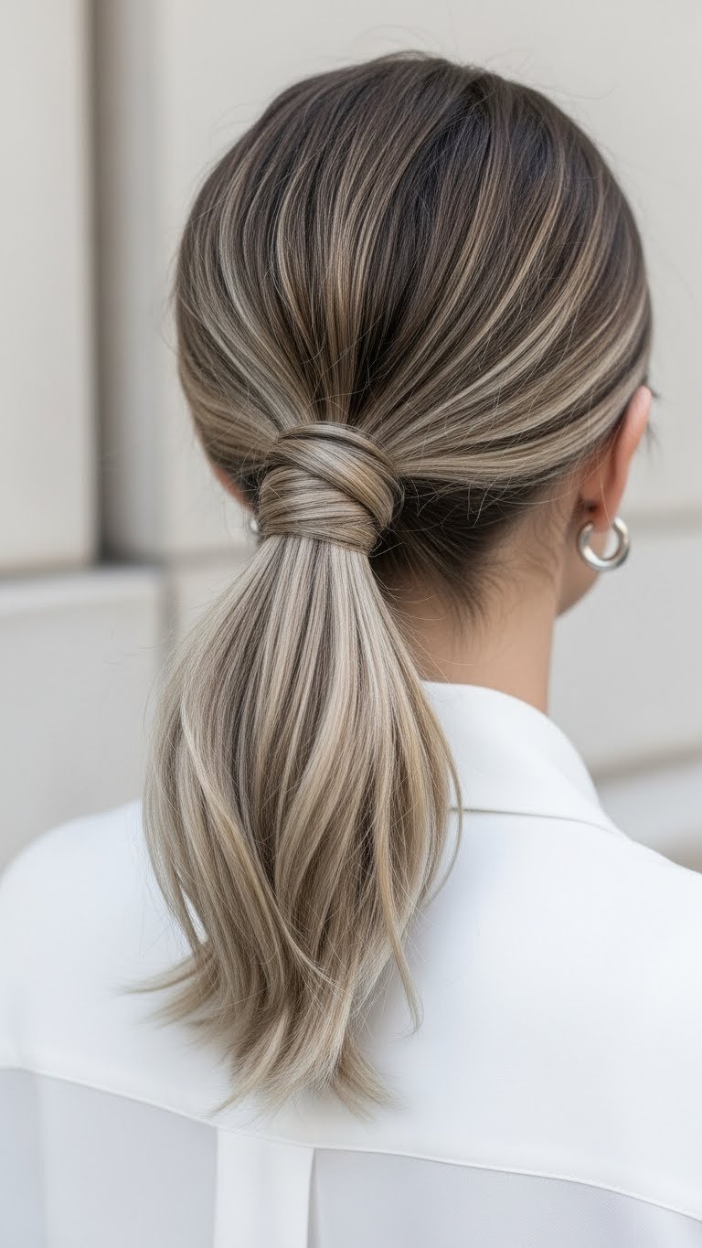 Stylish low ponytail with twist detail on shiny medium length hair photographed with soft natural window lighting