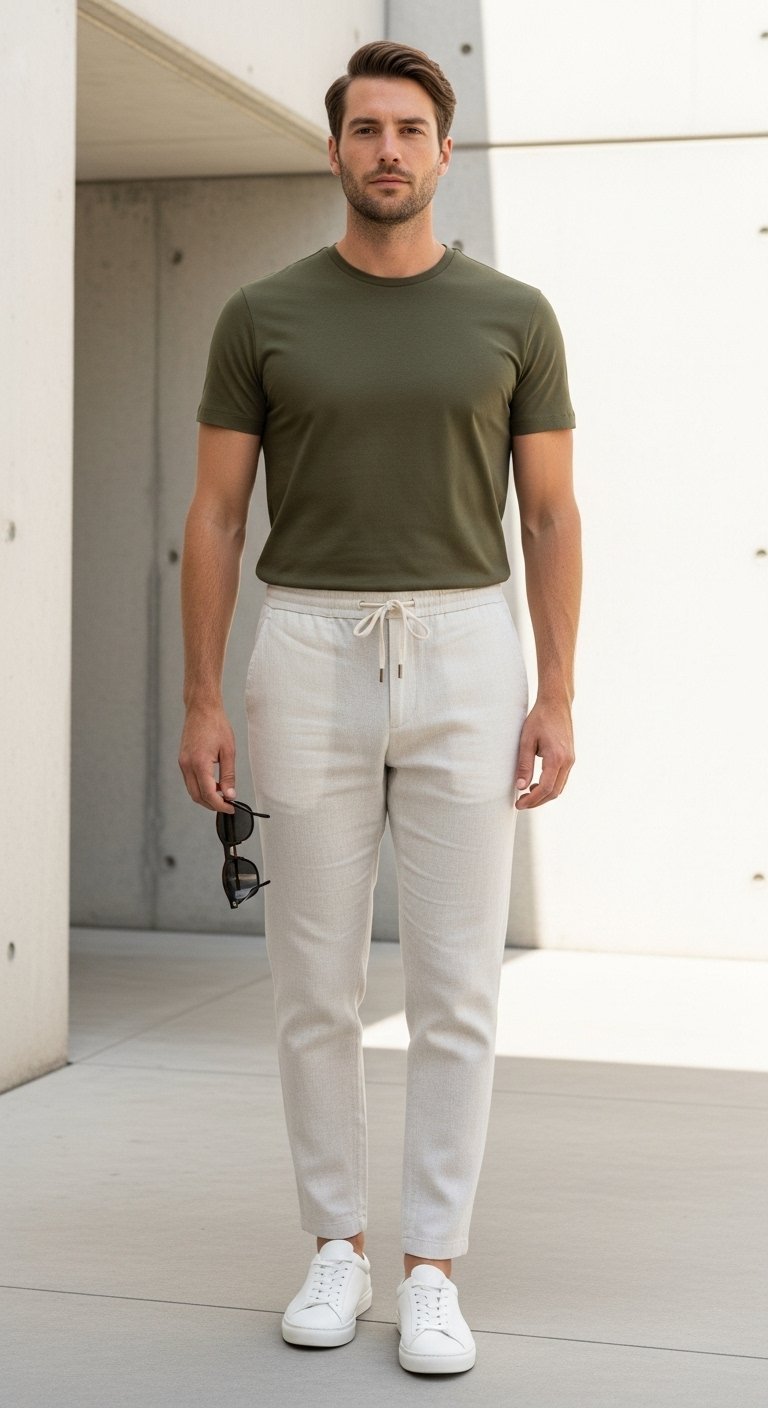 Stylish man in olive green t-shirt and cream linen trousers standing against minimalist concrete wall