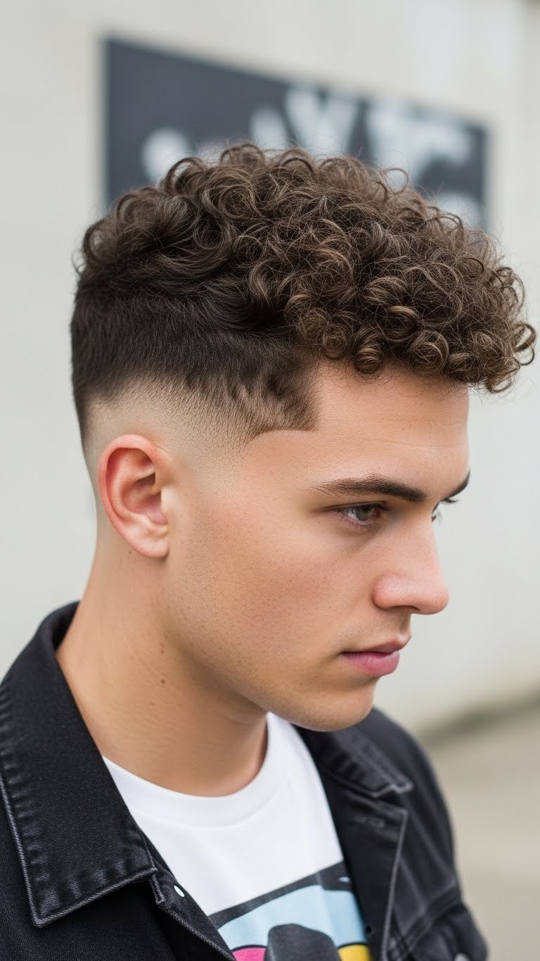 Stylish man with curly top fade hairstyle showcasing defined springy curls in modern minimalist urban setting