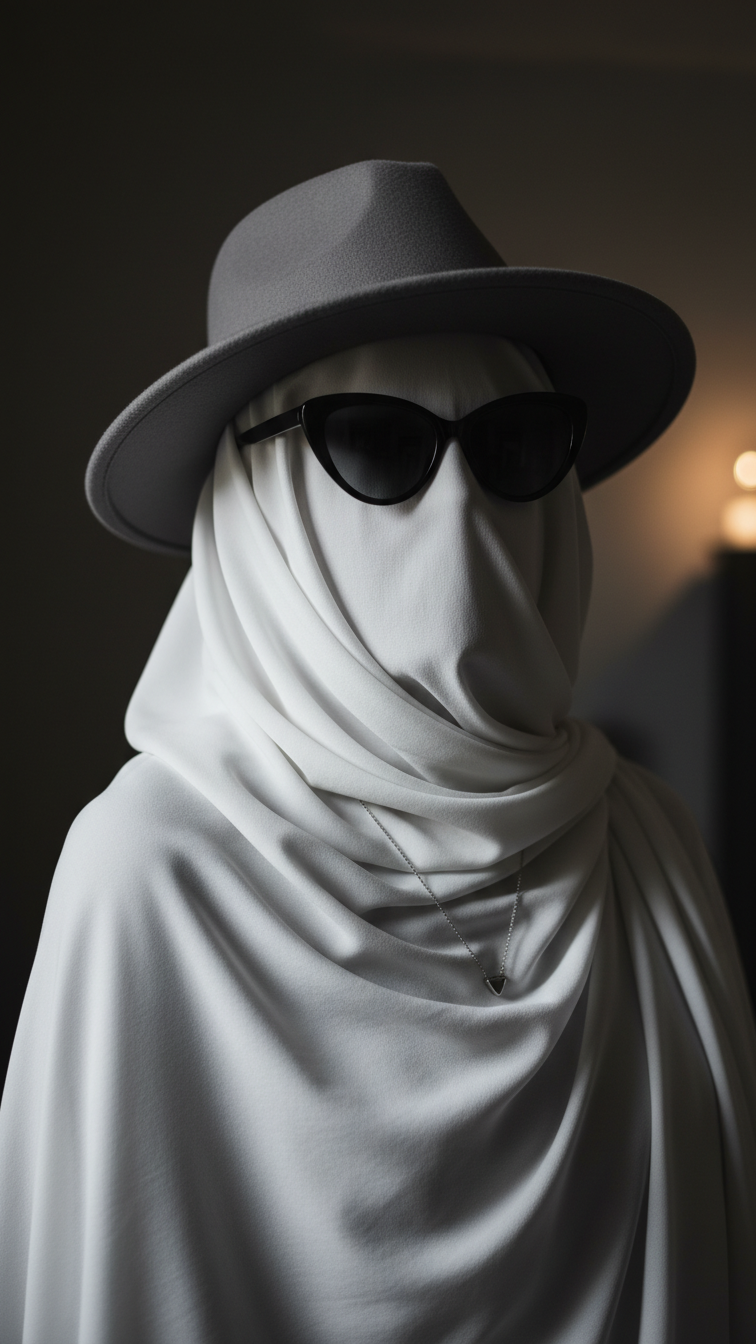 Stylish modern ghost costume with sheer white sheet, black sunglasses, and fedora hat in moody interior lighting.