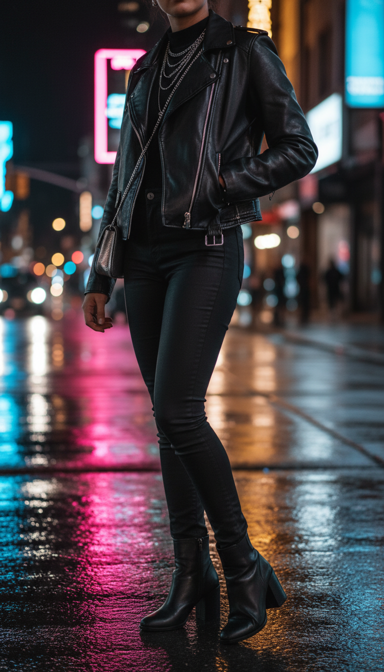 Stylish person in skinny black jeans with black leather moto jacket under neon city lights at night