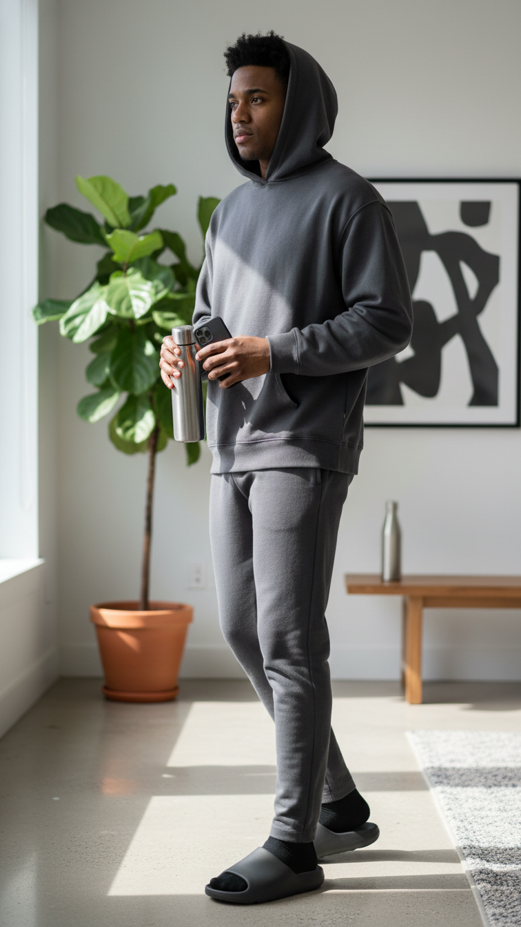 Stylish person wearing charcoal gray athleisure outfit with black Yeezy Slides in minimalist sunlit loft apartment