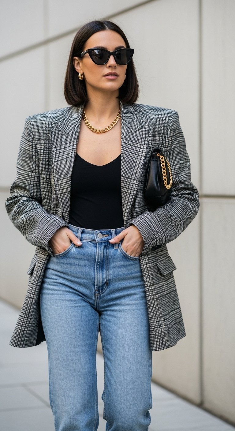 Stylish person wearing oversized plaid blazer over black bodysuit and light-wash jeans on urban street
