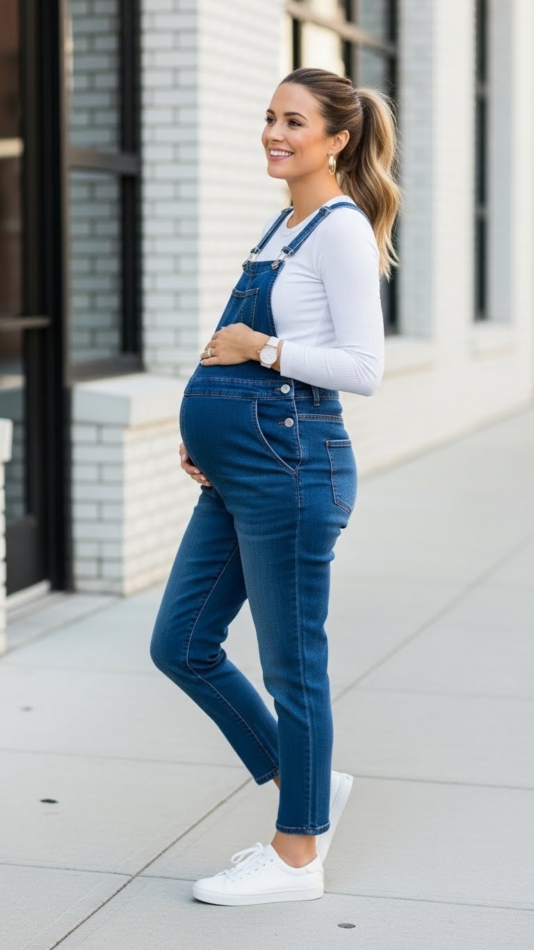 Stylish pregnant woman in dark wash denim maternity overalls with white top against modern brick wall