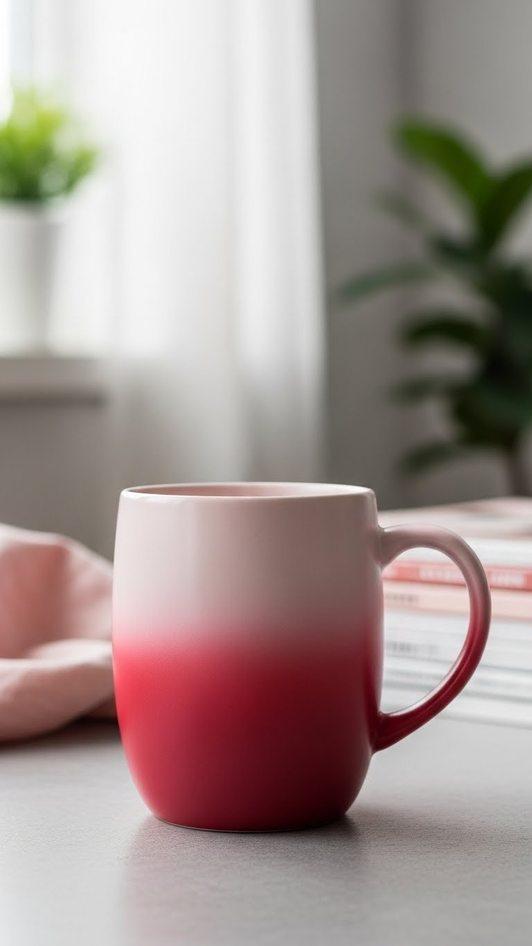 Stylish red ombre painted ceramic mug with smooth gradient from burgundy to pink on minimalist concrete surface