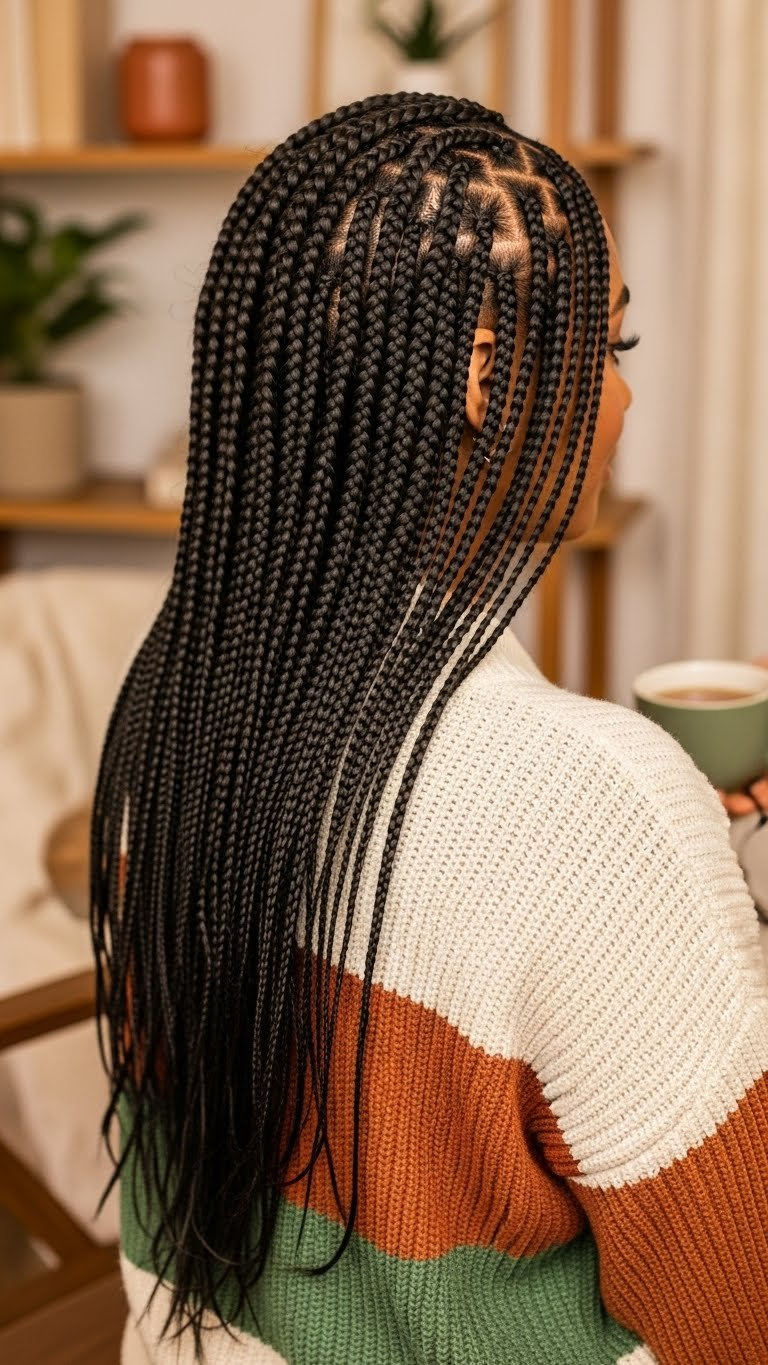 Stylish side-parted knotless braids draped over shoulder in cozy indoor setting