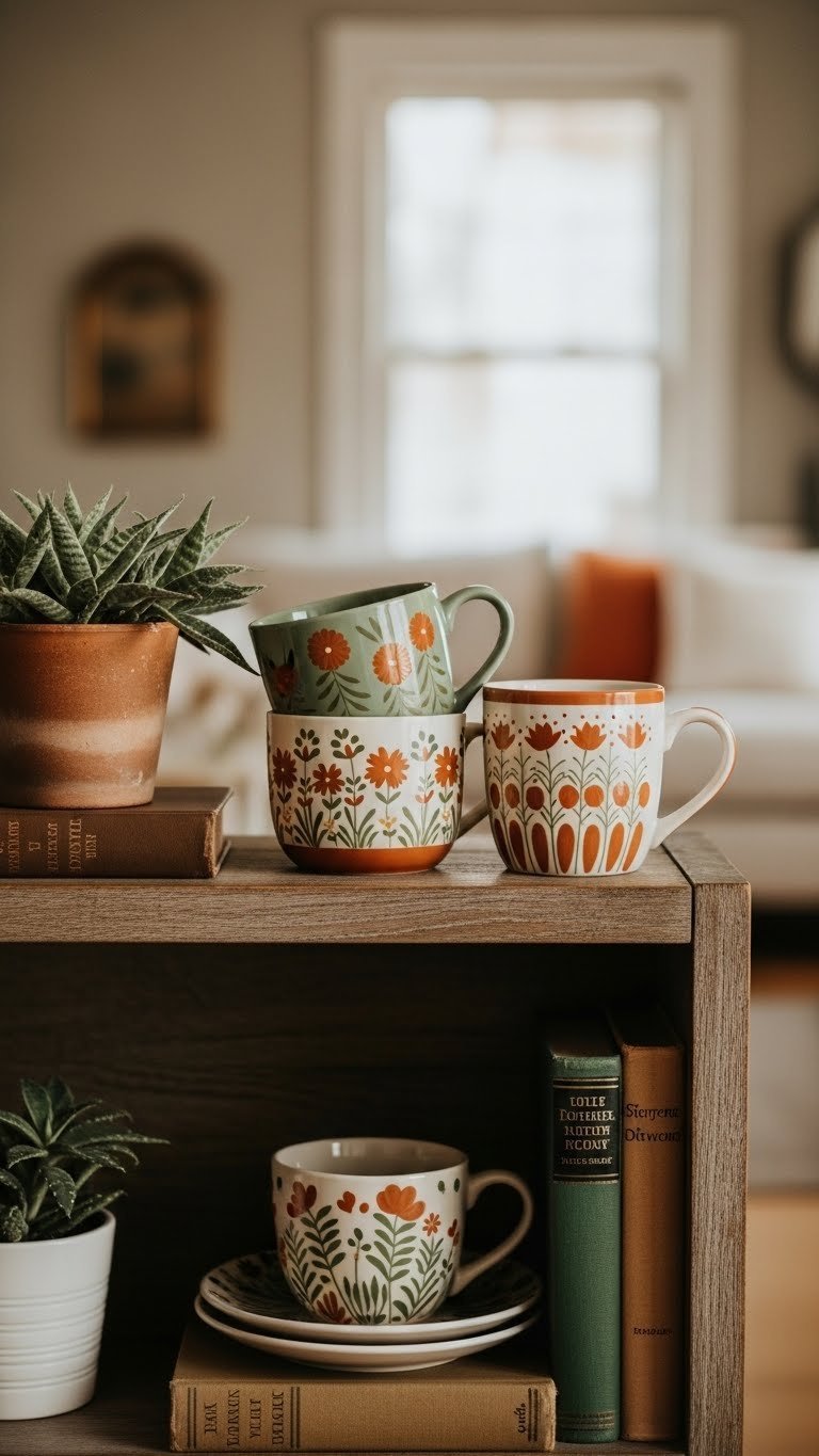 Stylish vignette of vintage hand painted mugs integrated into cozy living space as artistic accents and conversation starters