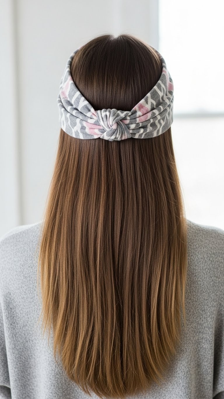 Stylish wide fabric headband accessory with long straight hair flowing naturally against bright airy indoor setting
