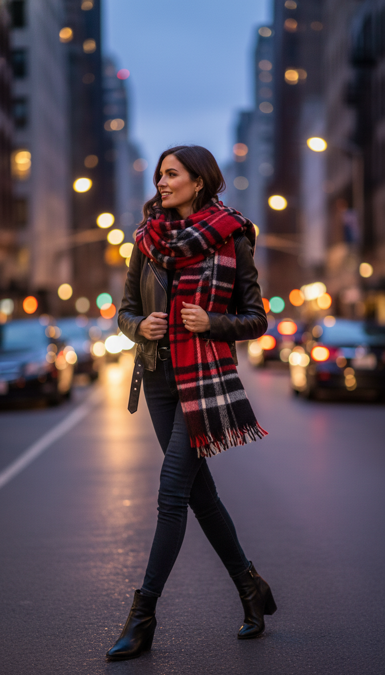 Stylish woman in black leather moto jacket with plaid scarf on city street at dusk with glowing lights