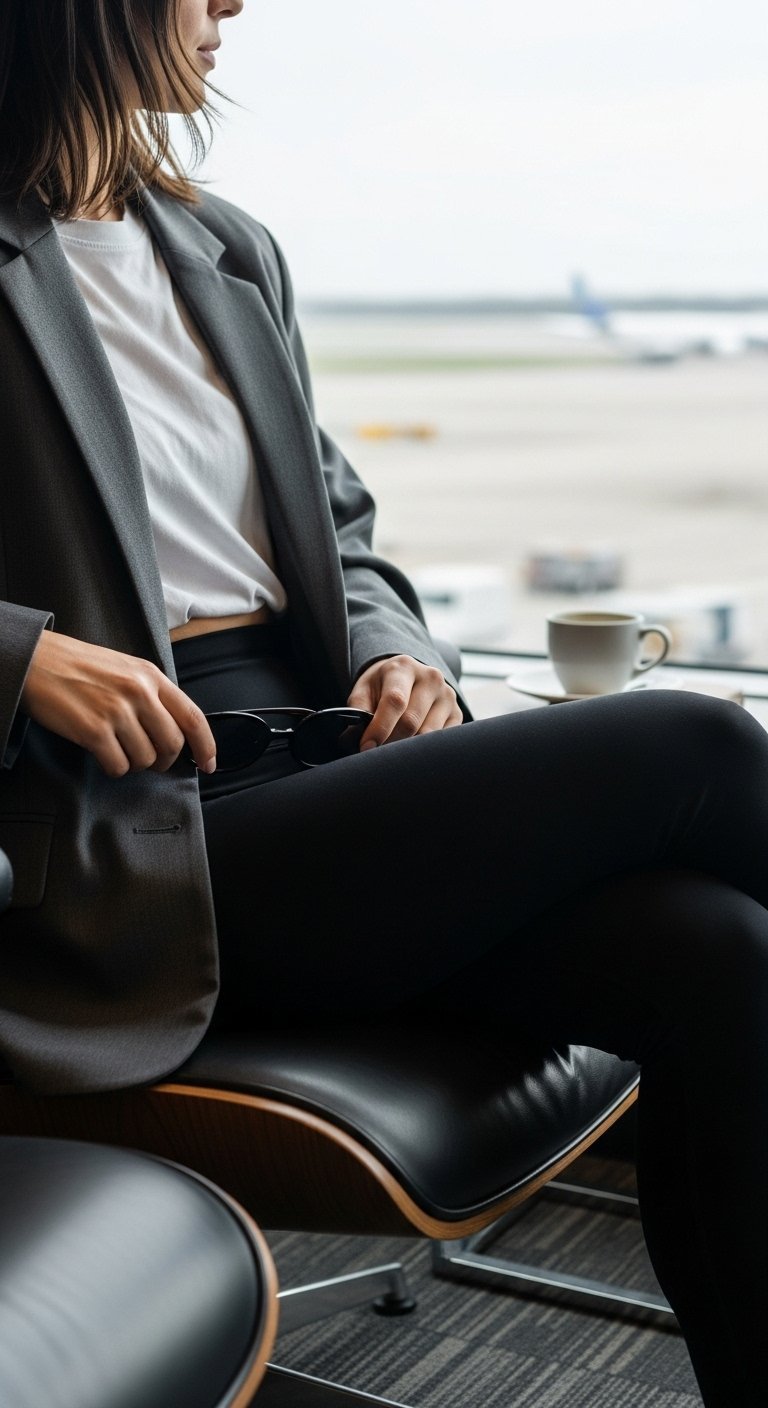 Stylish woman in charcoal grey oversized blazer and leggings sitting in airport lounge chair with laptop and coffee