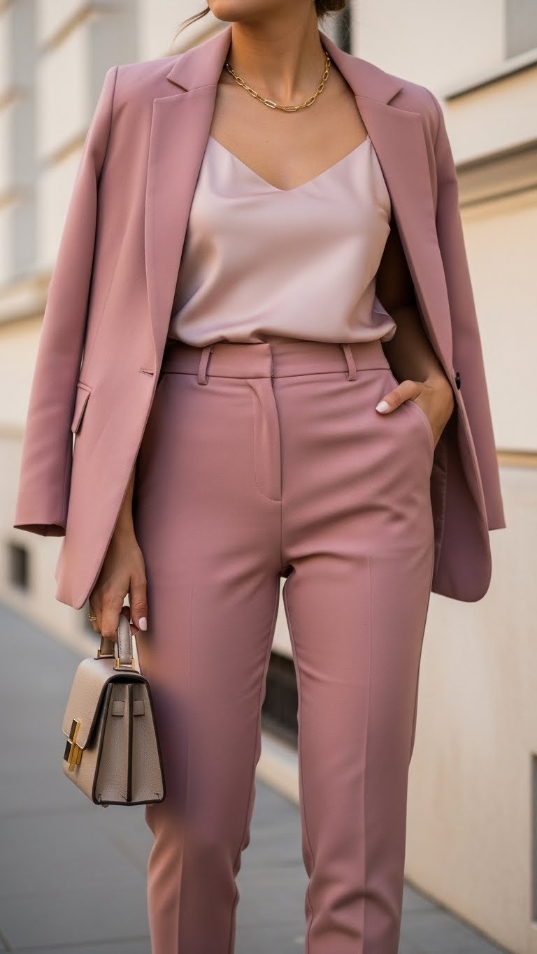 Stylish woman in chic pink monochrome fashion: tailored trousers, silk camisole, and blazer.