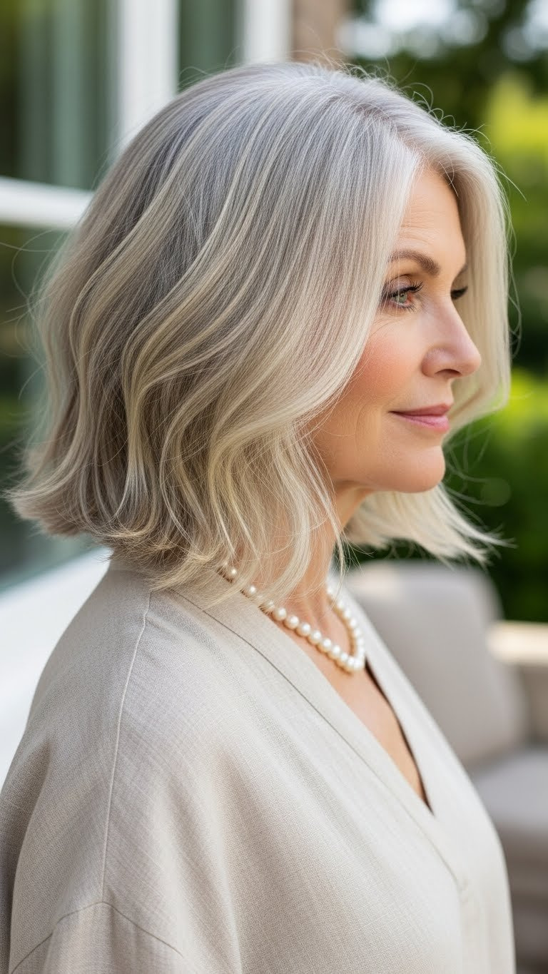 Stylish woman over 60 wearing textured long bob haircut with soft waves and wispy ends in bright garden setting