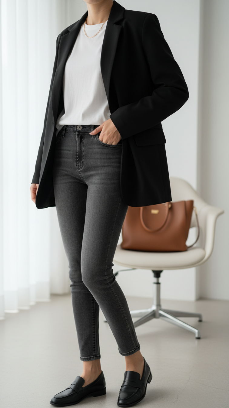 Stylish woman posing in oversized black blazer over white tee with charcoal grey slim fit jeans in minimalist office setting