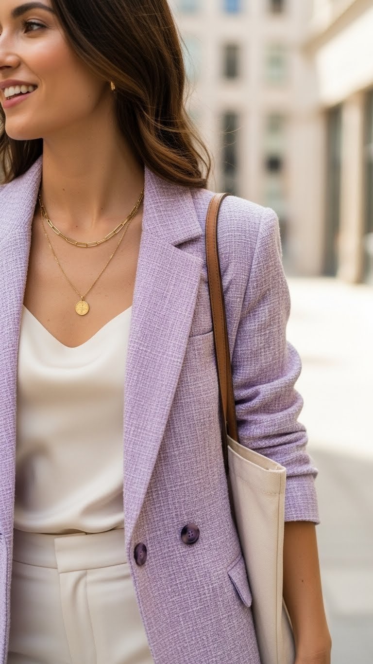 Stylish woman walking confidently down city street wearing lilac purple blazer with cream camisole and gold accessories