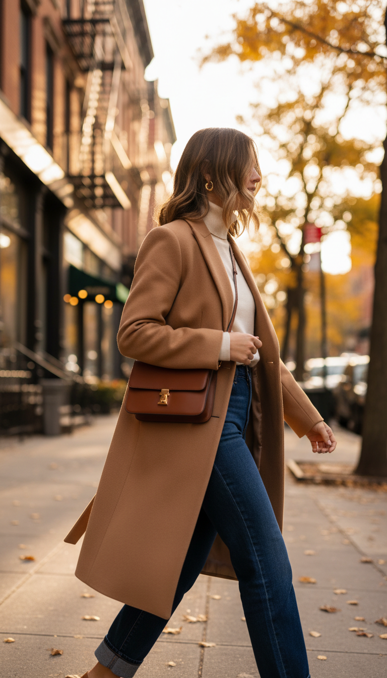 Stylish woman walking down autumn city street wearing camel coat and cream cashmere turtleneck with golden hour lighting