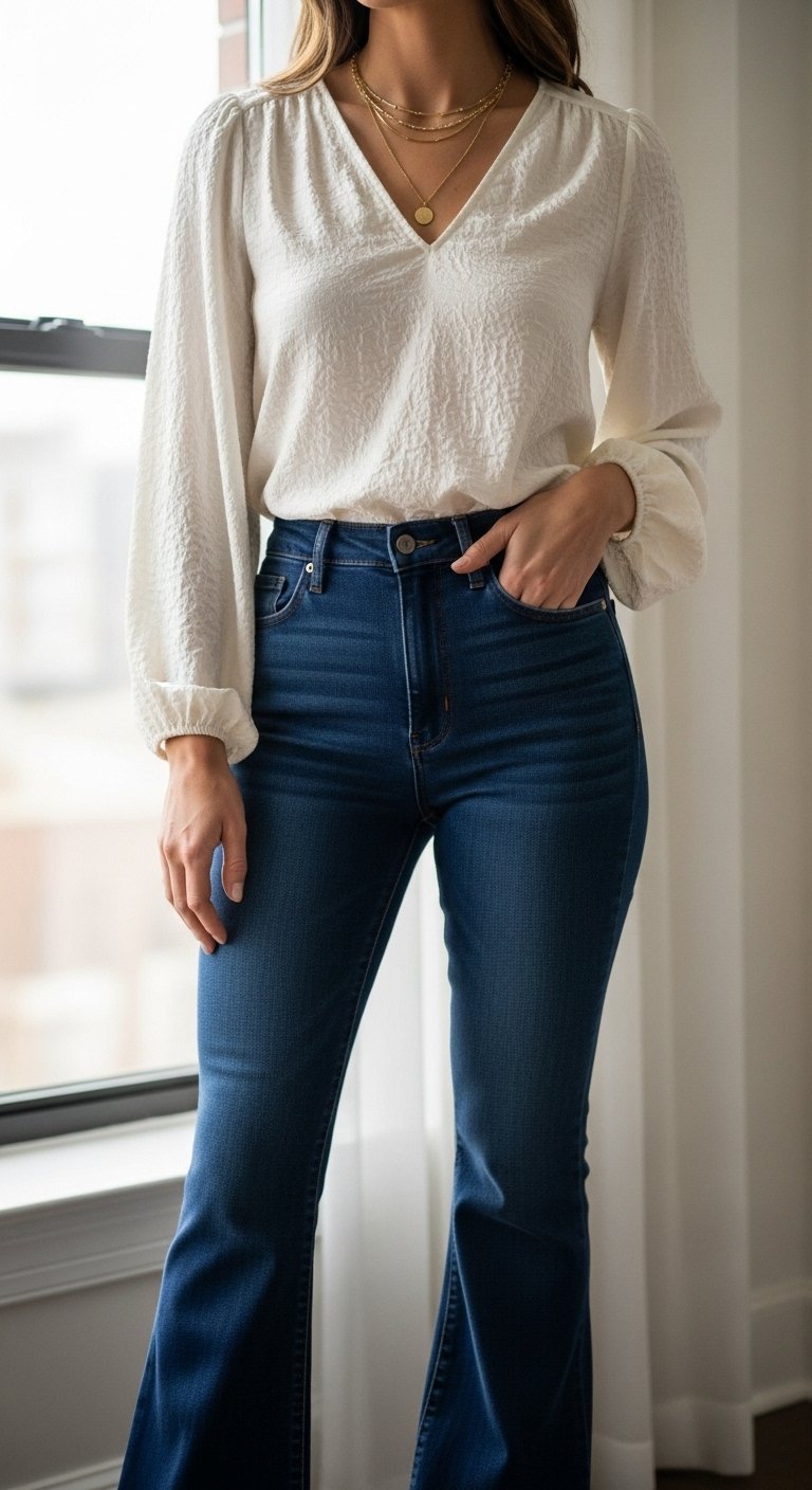 Stylish woman wearing '70s-inspired dark wash flare jeans and ivory silk blouse with bishop sleeves near window