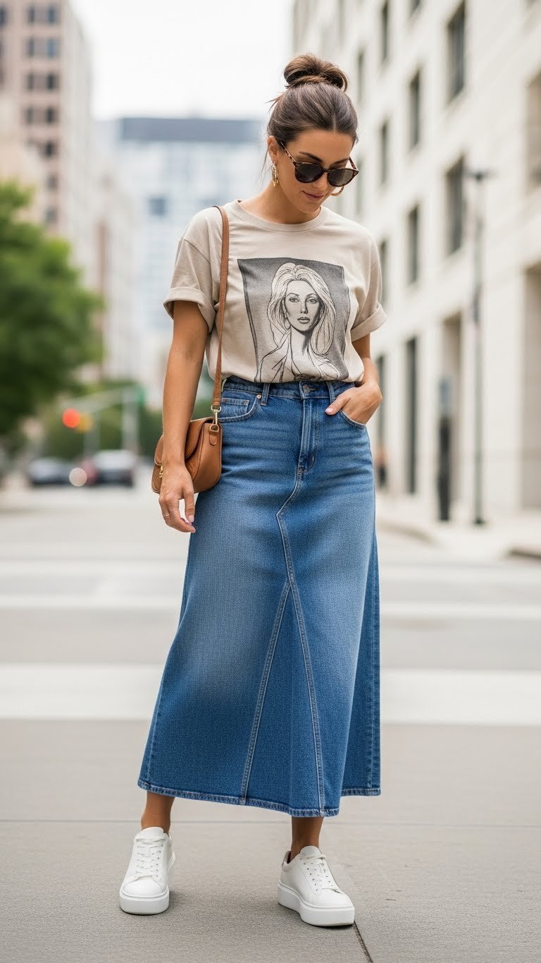 Stylish woman wearing a denim long skirt with graphic tee and white platform sneakers in urban city street setting