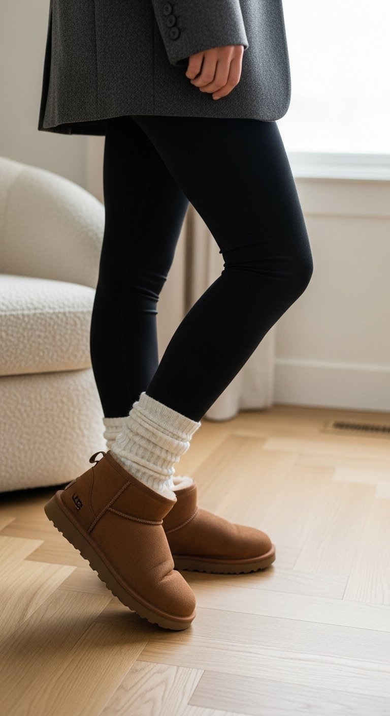 Stylish woman wearing black leggings with chestnut Ugg Ultra Mini boots and white crew socks bunched at ankle on hardwood floor