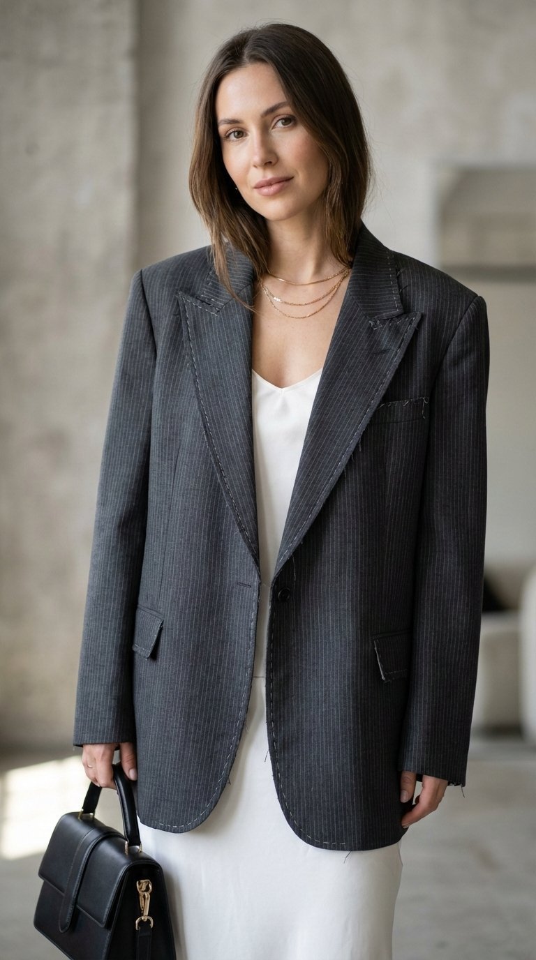 Stylish woman wearing charcoal gray pinstripe deconstructed blazer with asymmetrical lapels over white silk camisole against concrete wall backdrop