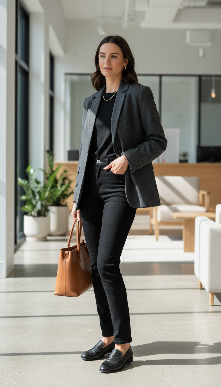 Stylish woman wearing jet black straight-leg jeans with charcoal gray blazer and leather loafers in bright minimalist office lobby