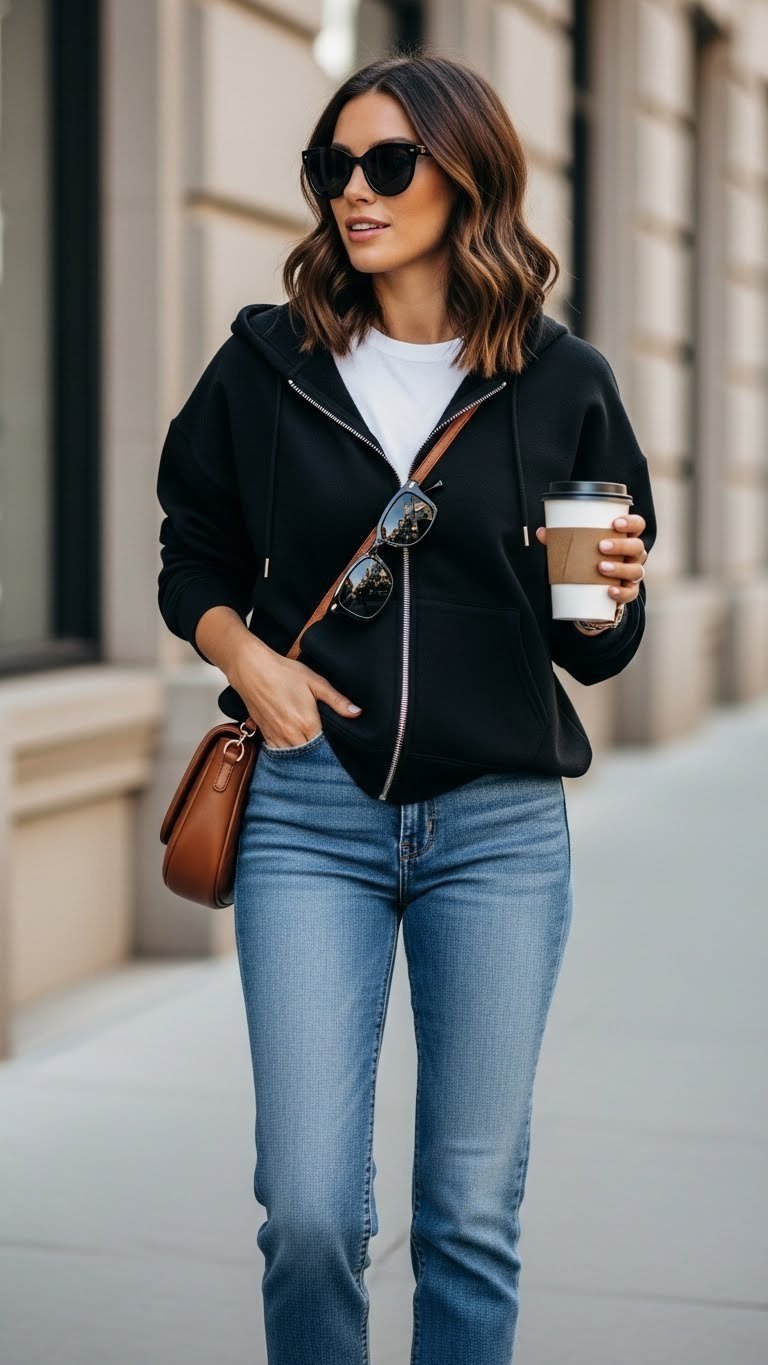 Stylish woman wearing oversized black hoodie with jeans and crossbody bag walking down city sidewalk