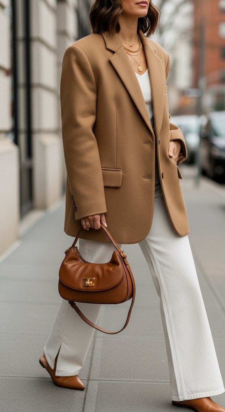 Stylish woman wearing oversized camel blazer walking down chic city street with leather handbag and soft bokeh background