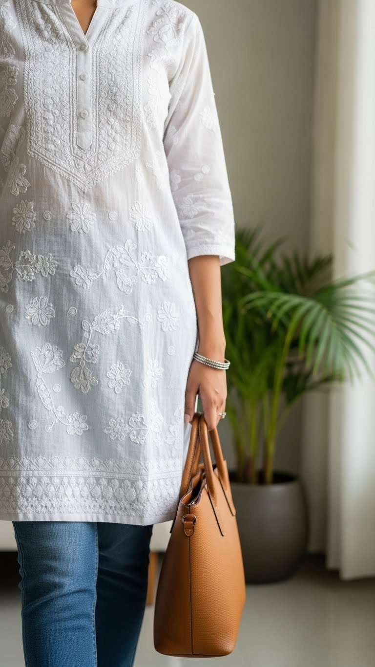 Stylish woman wearing white chikankari cotton kurti with light-wash blue denim jeans in bright room setting
