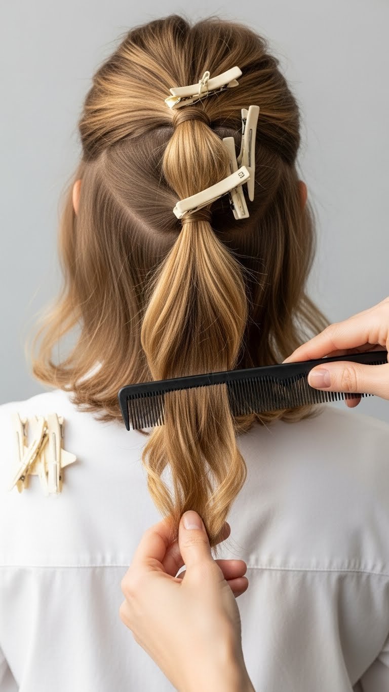 Stylist's hands blending layers on butterfly haircut using double ponytail technique for voluminous results