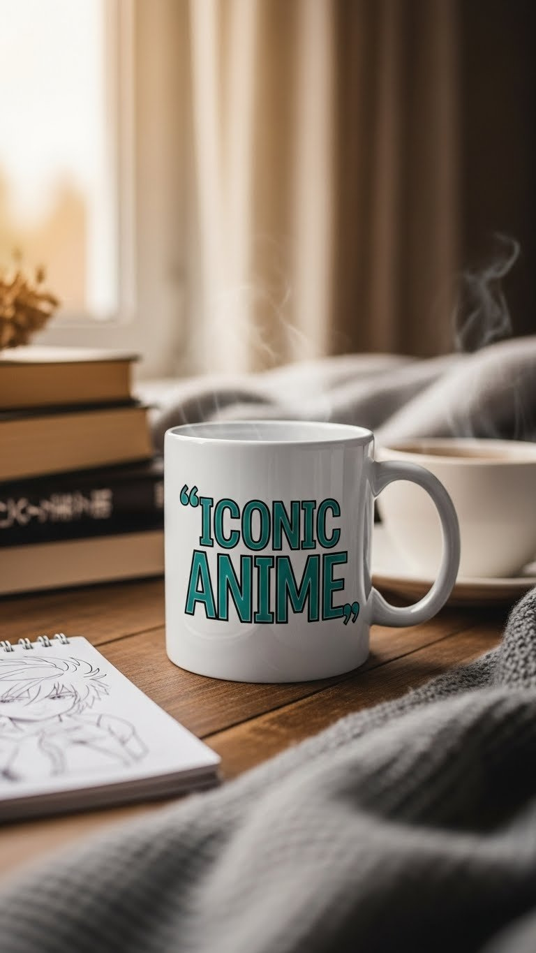 Stylized anime quote painted ceramic mug on rustic wooden table with books and tea.