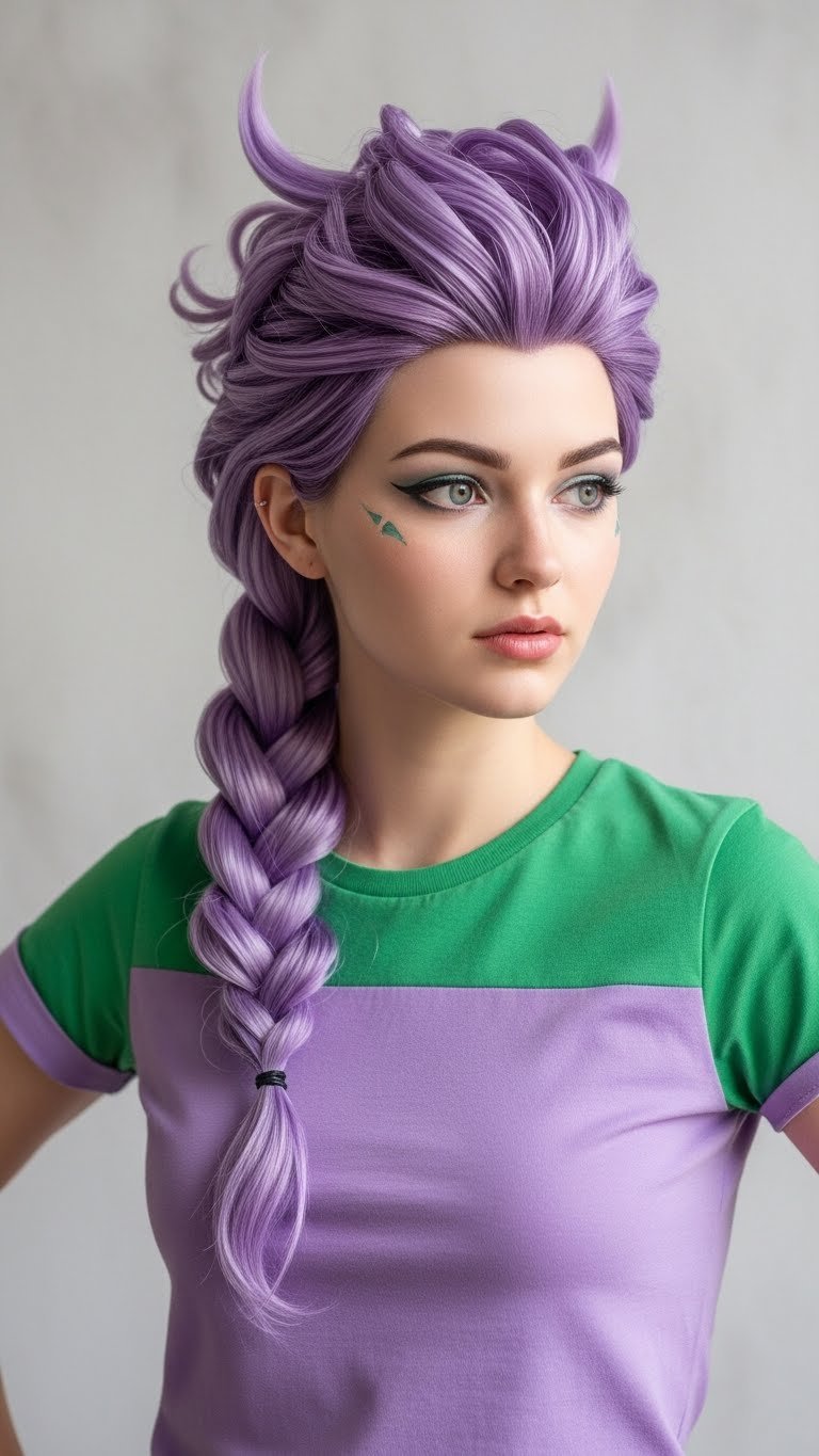 Stylized character hair designs showing fantasy braids and futuristic cuts against textured wall