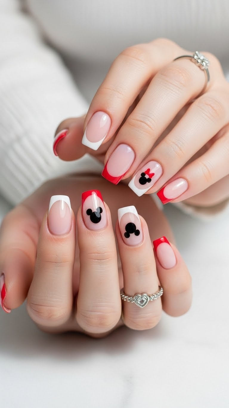 Subtle Mickey head french tip nails with classic manicure featuring delicate Disney silhouette accents