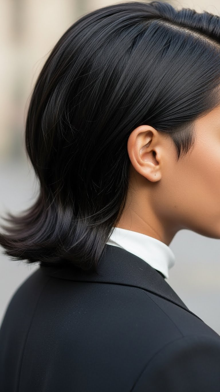 Subtle disconnected undercut on thick dark hair showing shaved section beneath long layers with natural window lighting.