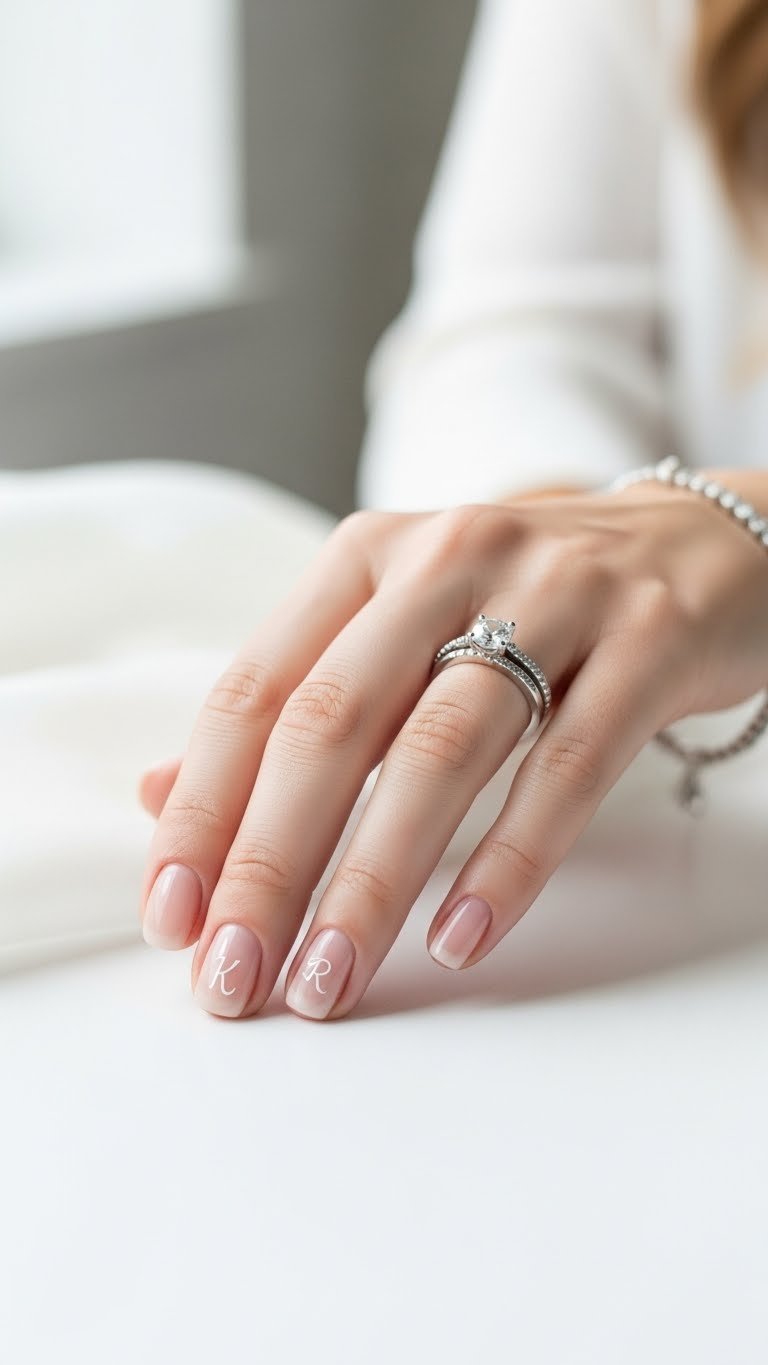 Subtle engagement ring finger initial nails with delicate nude base and sparkling ring