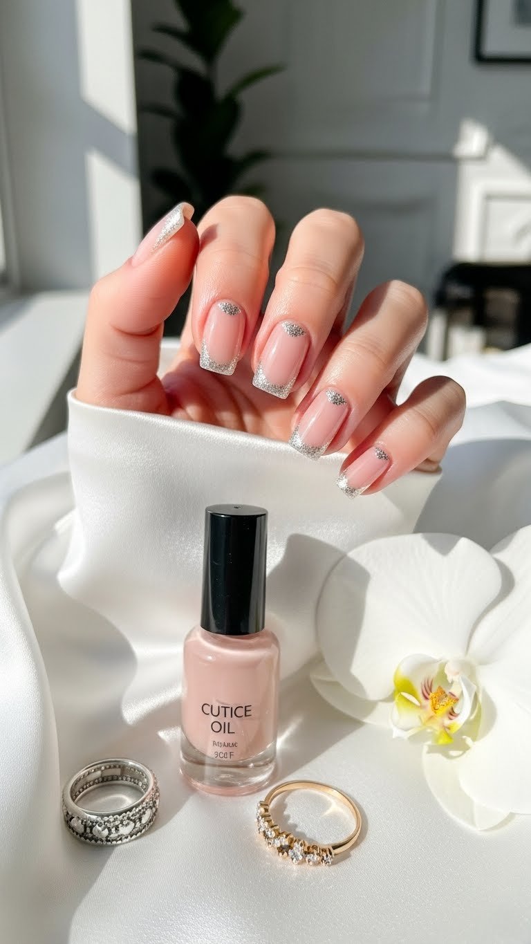 Subtle glitter cuticle half-moon square nails with nude base and refined shimmer accent