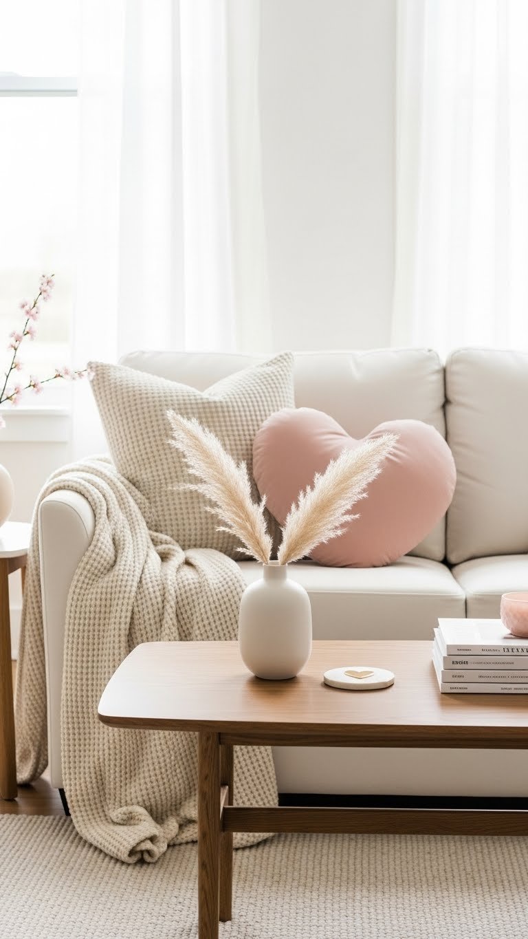 Subtle neutral Valentine's decor with blush heart pillow on cream sofa and minimalist coffee table