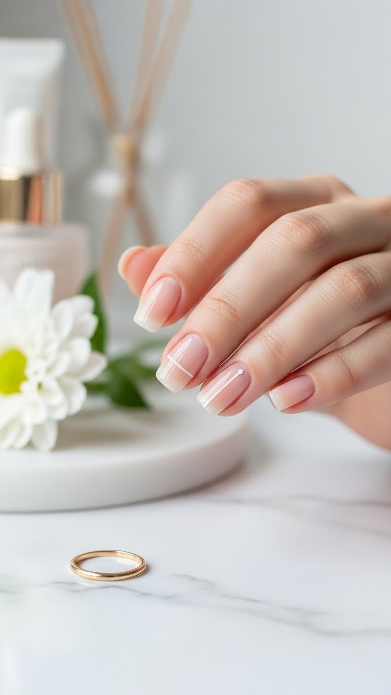 Subtle nude jelly nails with minimalist white line design on white marble surface for clean sophisticated look