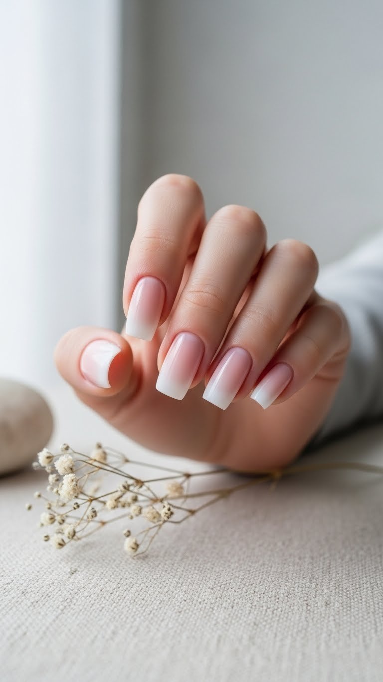Subtle pink to white ombre gradient nails with seamless blend and semi-matte finish in soft light