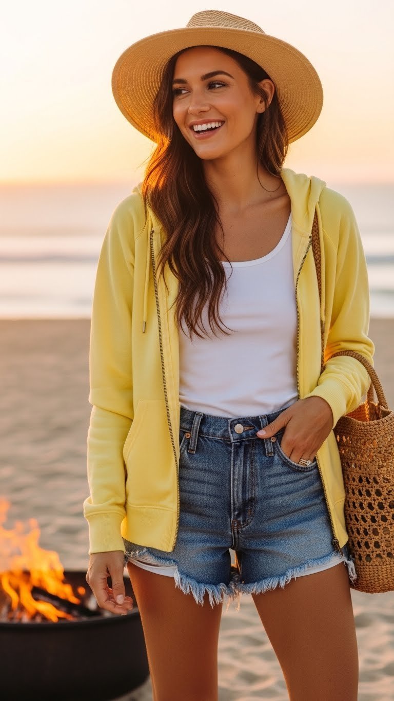 Summer outfit featuring yellow lightweight hoodie with denim shorts at beach bonfire sunset