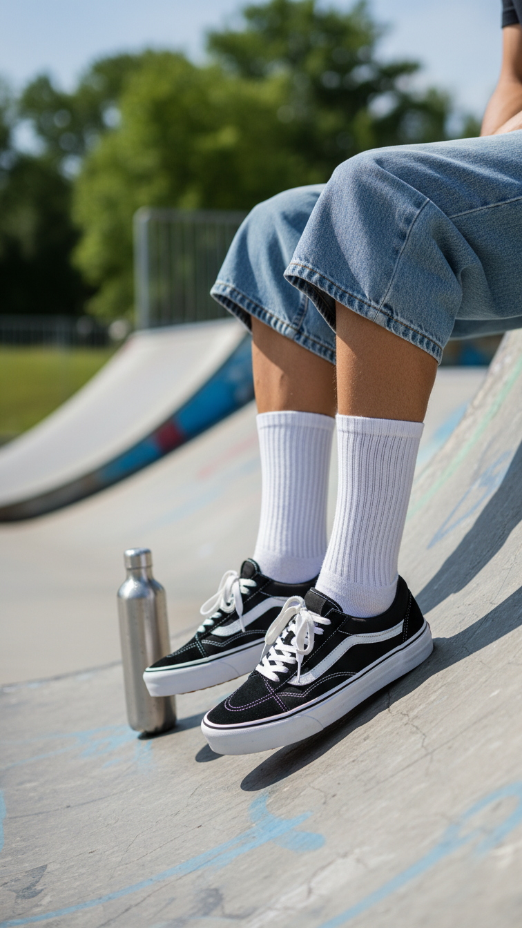 Summer street style featuring baggy denim shorts with white crew socks and black Vans Knu Skool sneakers at skate park
