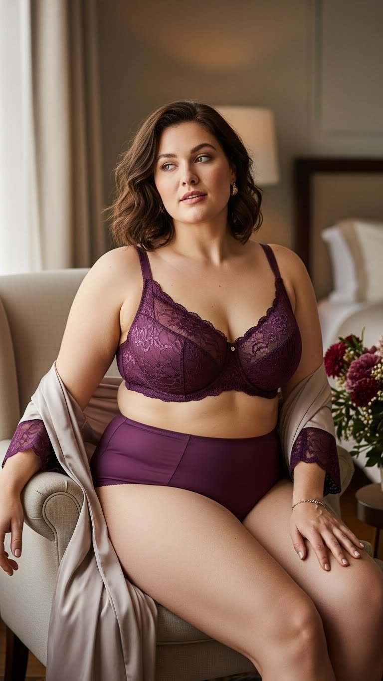 Supportive plus-size burgundy lace lingerie set worn by confident model in cozy bedroom armchair setting