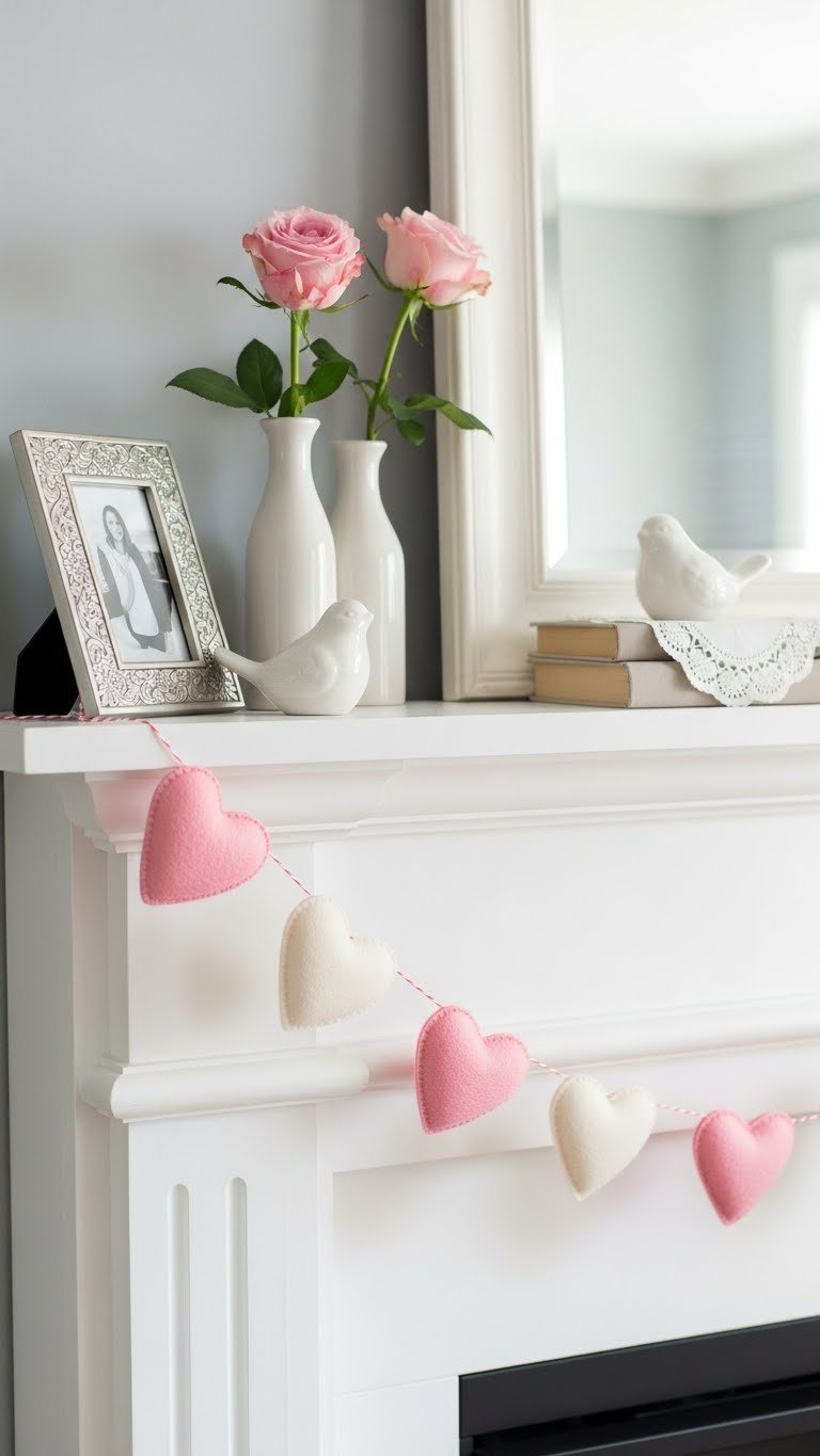 Sweet Valentine's Day garland display featuring pastel pink felt hearts and fresh roses on white mantel.