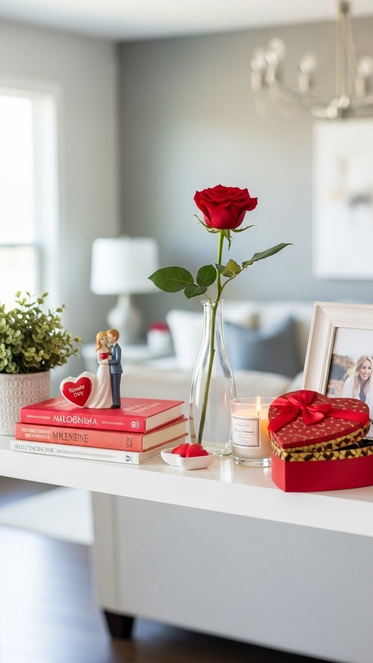 Sweet Valentine's Day shelf display with romantic novels and red rose in glass vase vignette