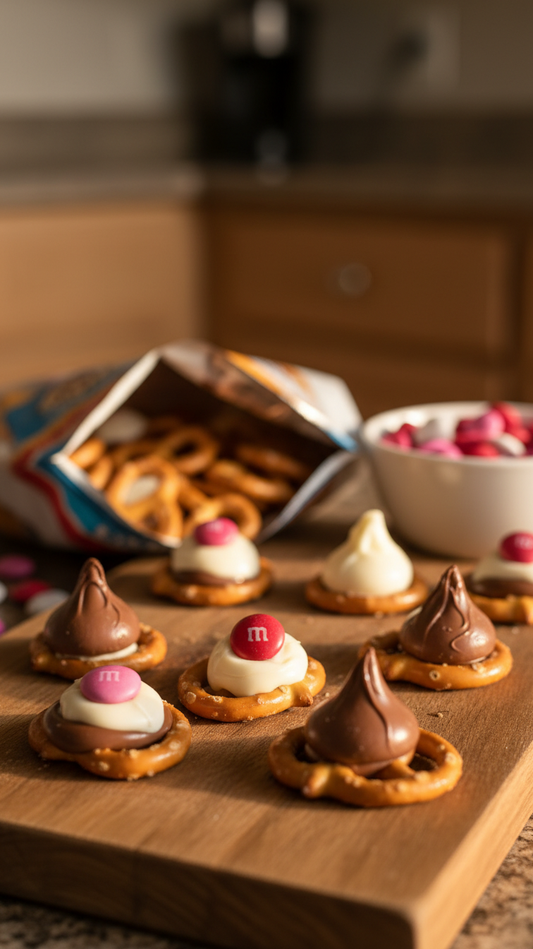 Sweet and salty pretzel bites with melted chocolate kisses and M&Ms on rustic wooden board