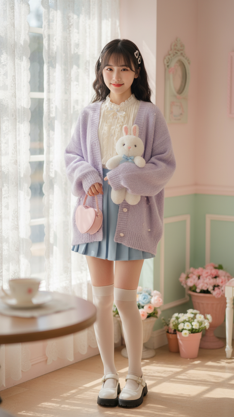 Sweet individual embodying soft girl aesthetic in pastel cardigan and pleated skirt surrounded by flowers