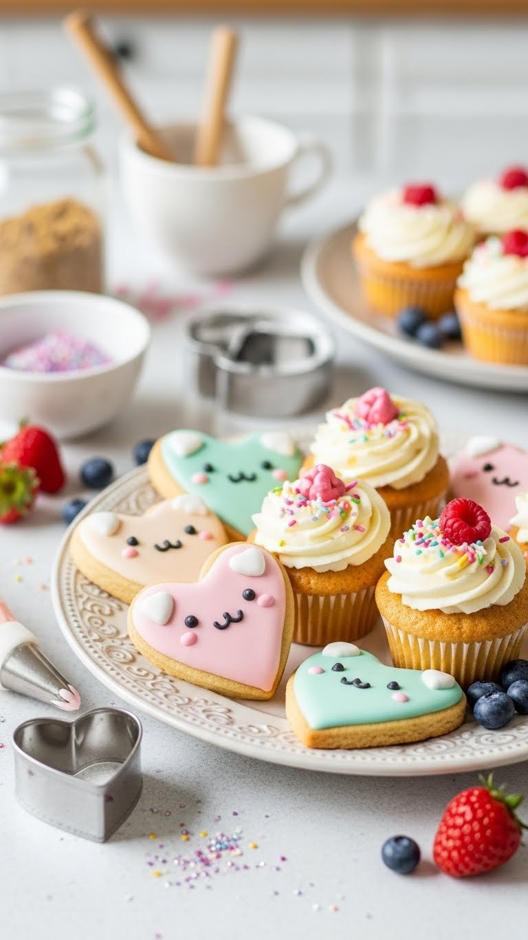 Sweet kawaii treats including heart-shaped sugar cookies with chibi animal faces and mini cupcakes with fluffy frosting on ceramic plate.