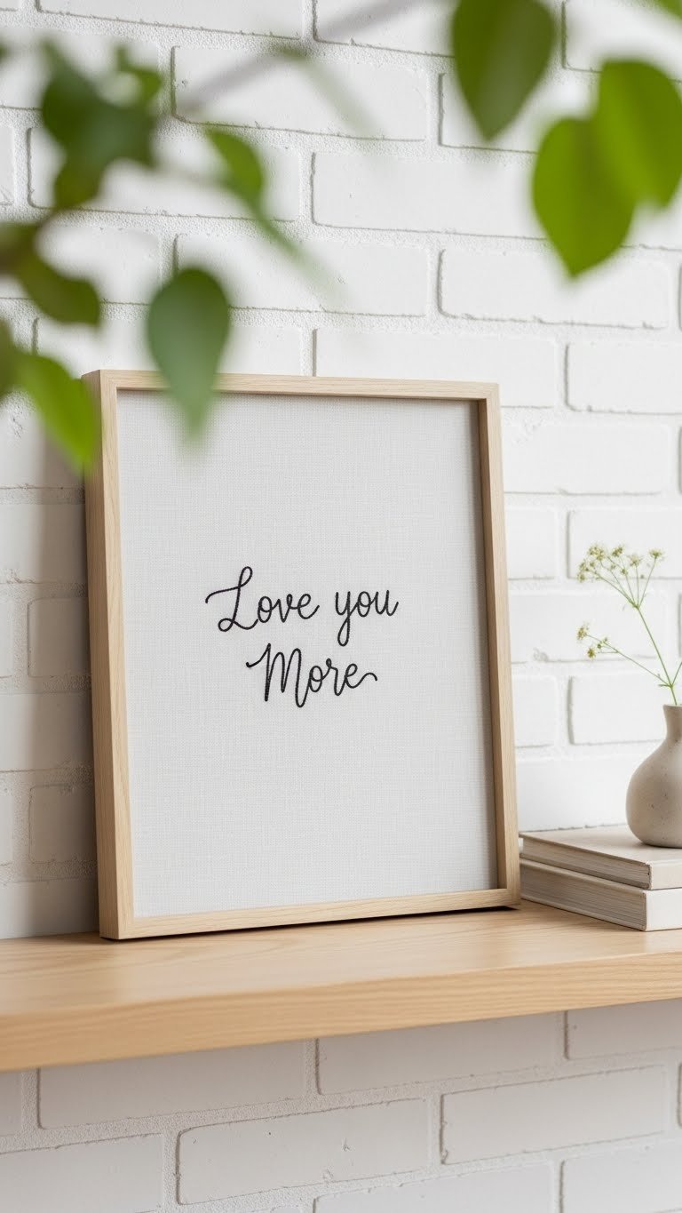 Sweet sayings embroidered wall art with modern minimalist 'Love You More' script on linen fabric in white frame.