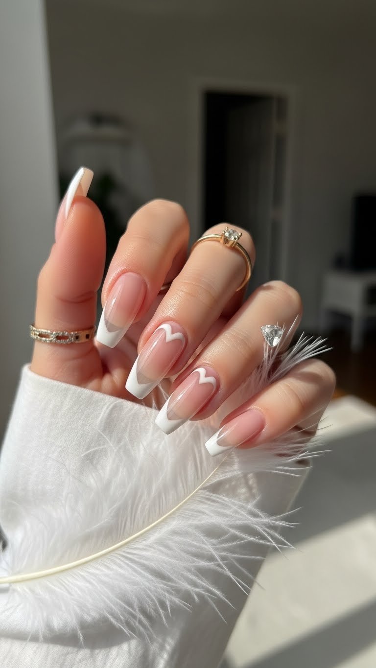 Sweetheart French jelly nails with V-shaped white tips on sheer pink base against soft fabric background