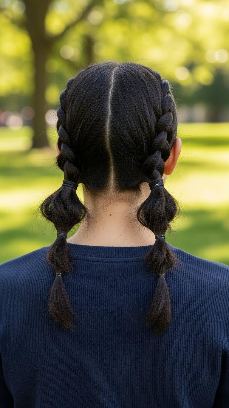 Symmetrical braided pigtails hairstyle with dark hair minimizing oily appearance in outdoor park