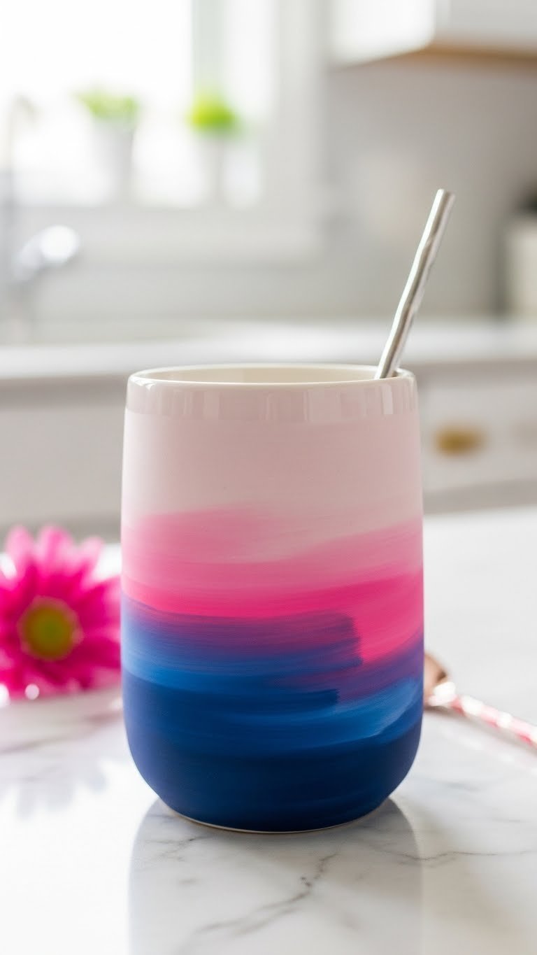 Tall ceramic mug with smooth ombre gradient from pale pink to fuchsia on marble countertop